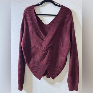 Fashion Nova Burgundy V-Neck Twist Sweater